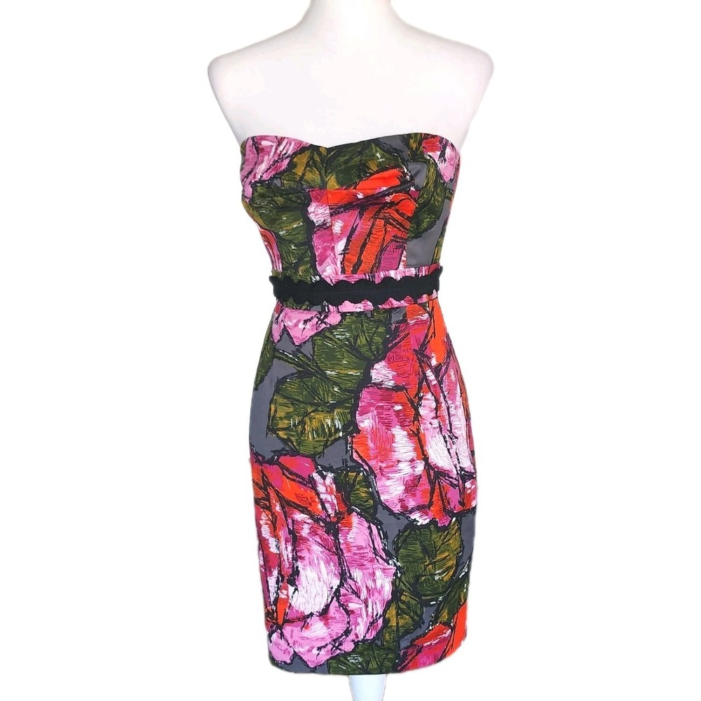 Trina Turk Strapless Dress Womens 0 Rose Floral Cotton Silk Blend Cocktail Party